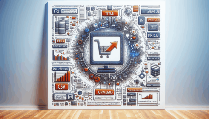 Merchant Center interface with CSV product feed upload in progress, showing product details.