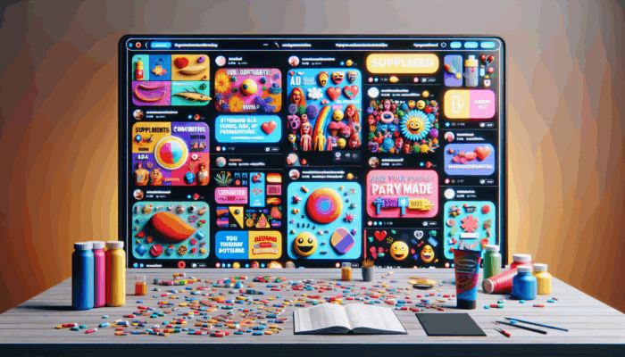 A vibrant social media interface with humorous supplement ads, witty slogans, animations, and memes.