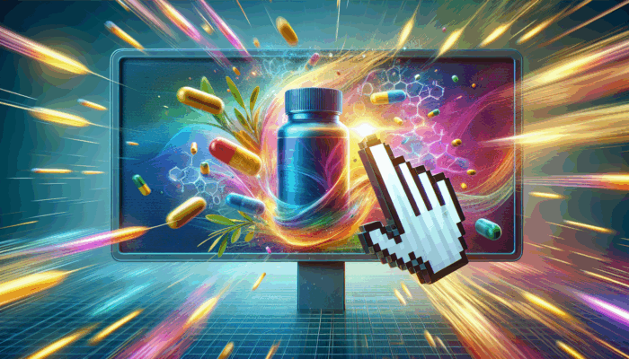Understanding the Basics of Supplement PPC: A digital billboard with supplement ads, cursor clicking a health product, search engine results in background.