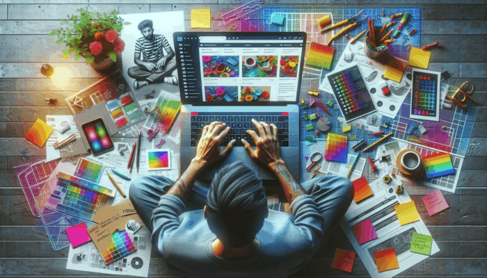 A vibrant workspace with a laptop showing a colorful product page, notes, and a mood board; person typing product descriptions.