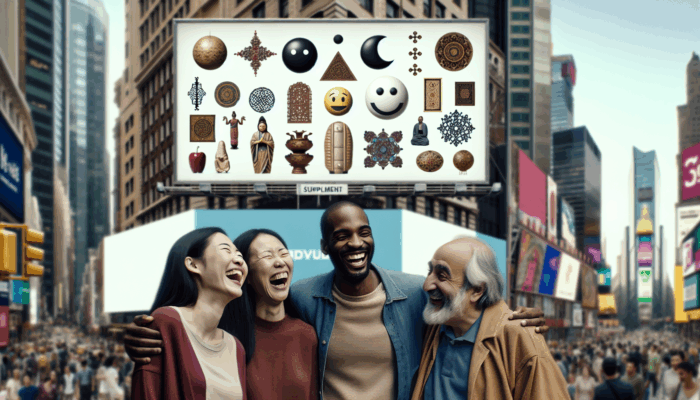 A diverse group laughing at a culturally sensitive humorous supplement ad on a city street billboard.