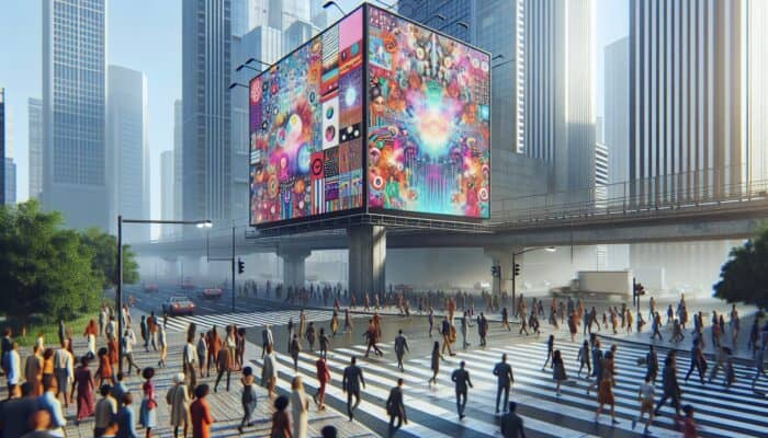 A digital billboard in a city, showing ads tailored to diverse, engaged passersby.