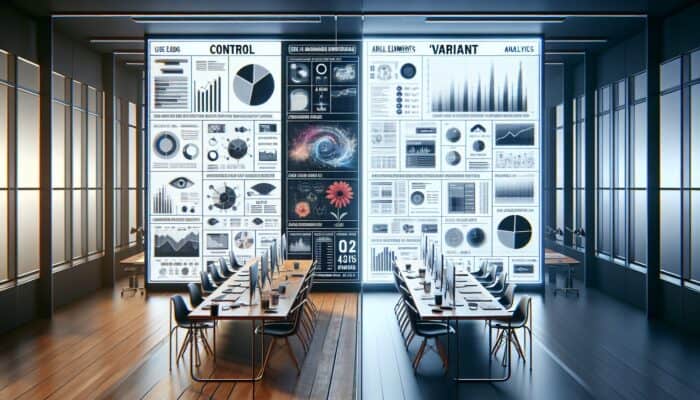 A/B testing interface showing 'control' and 'variant' ads with engagement and conversion analytics in a modern office.