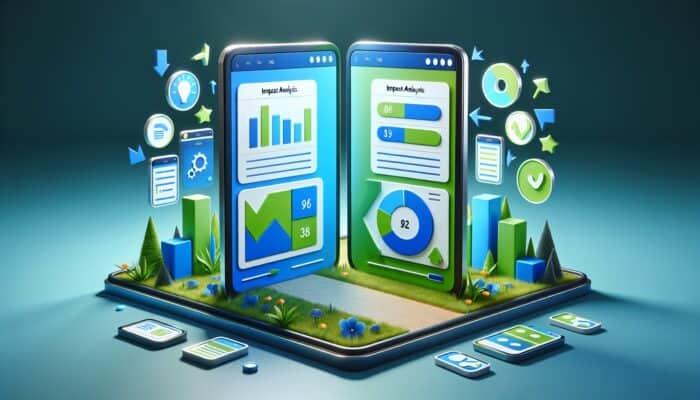 Two website interface versions, blue and green, side by side with impact analysis graphs.
