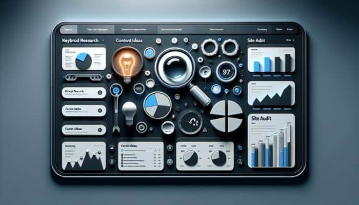 How to Use Ubersuggest for Keyword Research: Sleek dashboard with left sidebar for tools and right panel for search results and metrics.