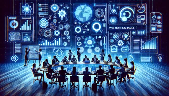 A digital workspace with screens showing keyword research tools and charts, team brainstorming content cluster topics.