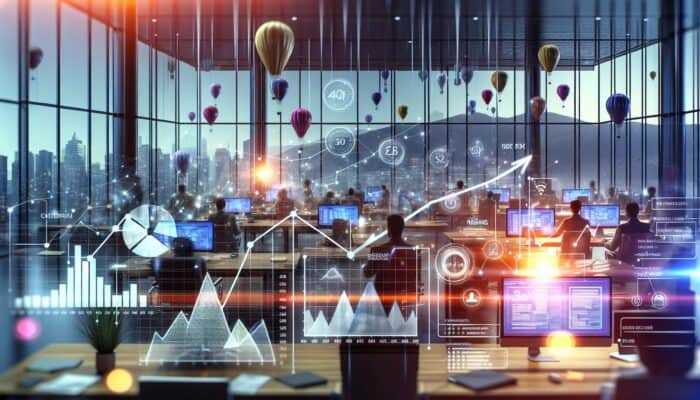 A digital dashboard in a modern office showing rising SEO KPIs: organic traffic, CTR, and keyword rankings.