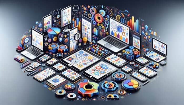 A vibrant network of digital tools and charts for comprehensive local SEO data collection in an office.