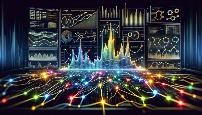 A digital dashboard showing integrated data from Google Analytics and SEMrush, with graphs for traffic and keyword rankings.