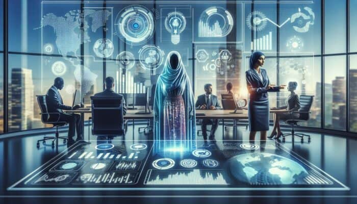 Futuristic dashboard showing graphs and analytics, team analyzing customer data in modern office.