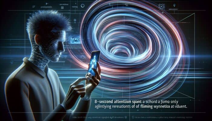 A person captivated by a vibrant short-form video on a smartphone amidst fleeting digital content.