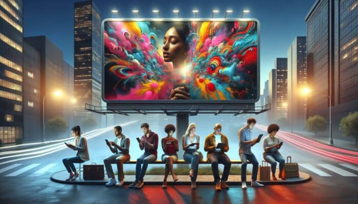 Creating Retargeting Hosting Ads for Conversions: A digital billboard in a cityscape showing ads, with people viewing same ads on smartphones and laptops across various platforms.