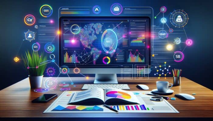 How to Create a Simple Supplement SEO Strategy: A digital workspace showcasing SEO analytics, keywords, content quality, backlinks, and a user-friendly website design.