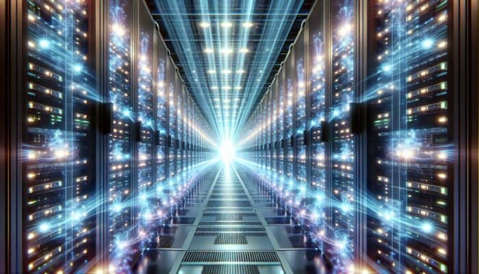 A futuristic data center with glowing servers and vibrant light beams, symbolizing reliable uptime in clustered hosting.