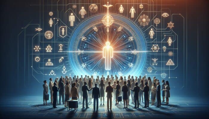 Crafting Authentic Hosting Brand Voices: A diverse group interacting with a glowing brand logo, surrounded by symbols of consistency, empathy, and storytelling.