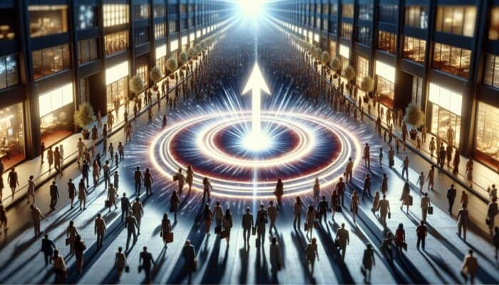 A diverse crowd in a modern marketplace, drawn to a glowing, authentic brand logo, symbolizing trust and leadership.