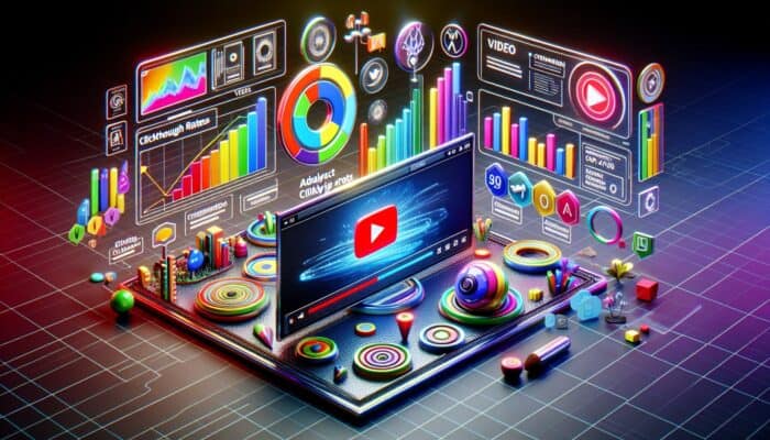 How to Track Video Ad Click-Through Rates: A vibrant digital dashboard with graphs and charts analyzing click-through rates, featuring a video ad and user engagement icons.