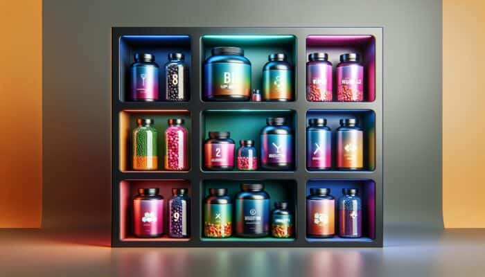 How to Create Supplement Bundle Promotions: An array of colorful supplement bottles in thematic bundles for various health goals on a modern shelf.