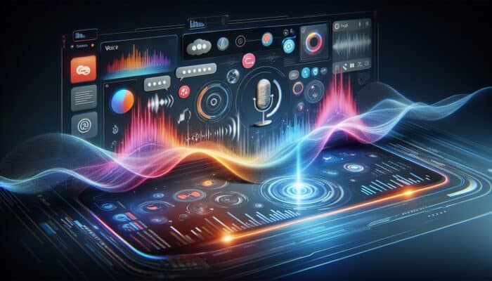 Sleek digital interface with voice search icons, sound waves, and abstract data streams.