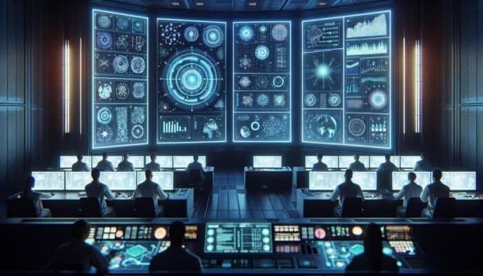 How to Prepare for Google’s Algorithm Updates: Futuristic control room with screens showing real-time Google algorithm updates, technicians monitoring, charts displaying website ranking and search quality changes.