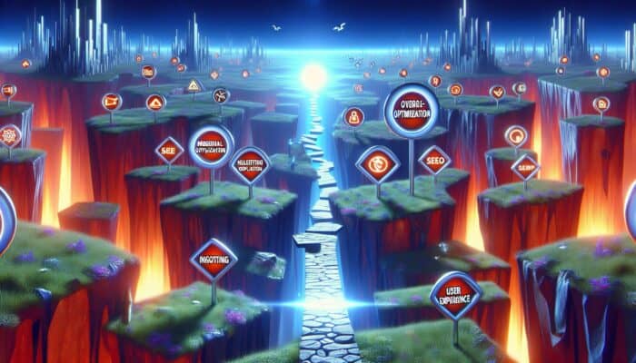 Digital landscape with warning signs for SEO pitfalls: over-optimization, mobile neglect, user experience, leading to SEO success.