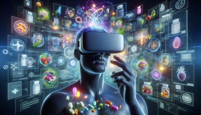 A person using VR to explore health supplements in an interactive digital environment.