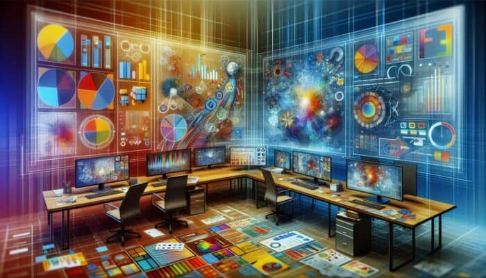 A digital workspace with multiple screens showing Facebook video ad placements, charts, and optimization tools in a modern office.