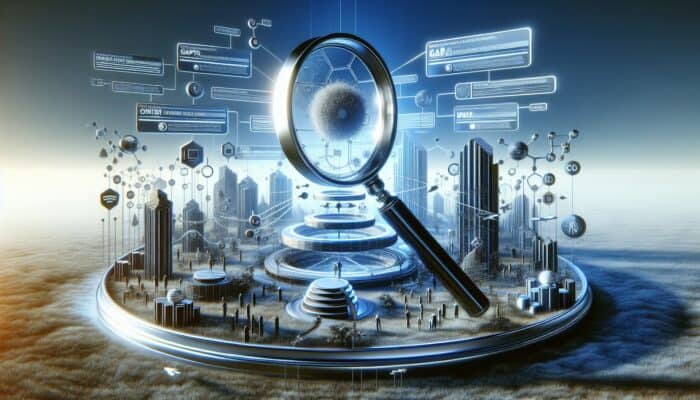 A magnifying glass highlights gaps in a content web, surrounded by competitor sites and a target audience, symbolizing content gap analysis for SEO enhancement.