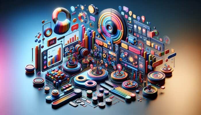 A vibrant digital interface with quizzes, polls, sliders, colorful graphics, and dynamic animations enhancing user engagement and SEO.