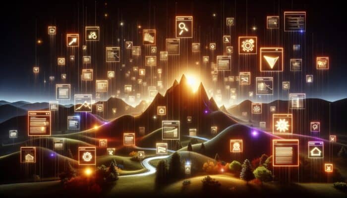 Glowing sitemap index files illuminating hidden website pages, enhancing global visibility and organic traffic.