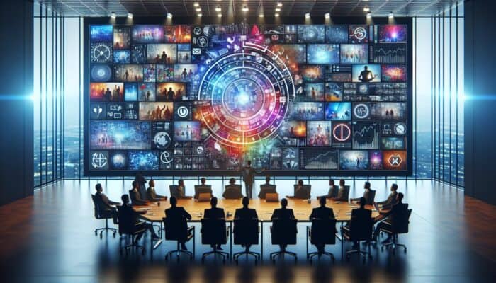 A vibrant collage of user-generated videos on a screen, with strategy and growth icons, in a modern office.