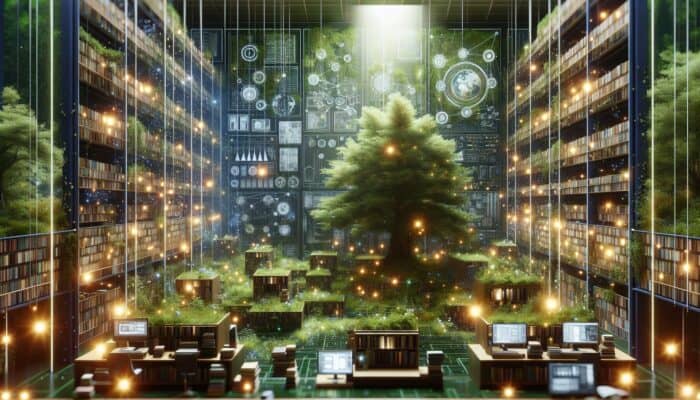 Creating Evergreen Blog Posts for Traffic: A timeless library with glowing evergreen books amidst a lush forest, symbolizing enduring content relevance and engagement.