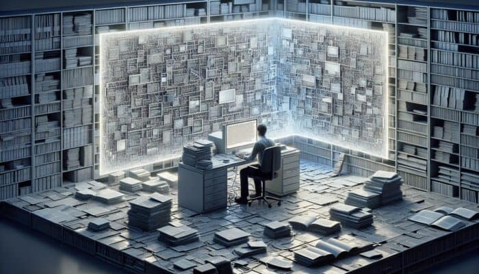 A person researching on a computer, surrounded by books and reports, writing an informative article on a digital screen.