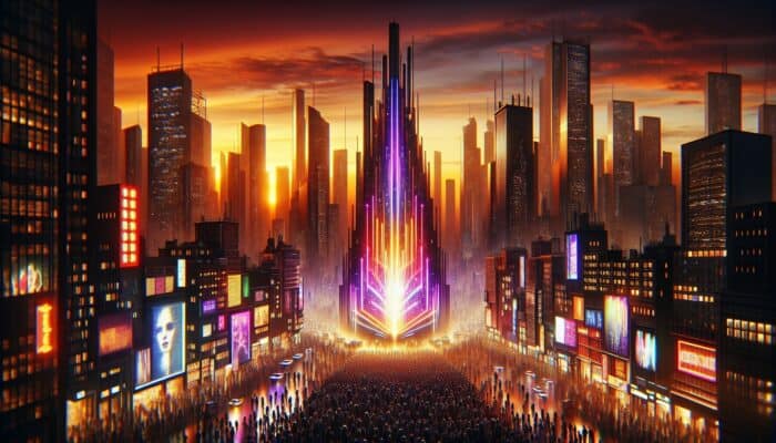 Optimizing Content for Click-Through Rates: A neon-lit billboard with a bold title attracting a diverse crowd in a bustling city at twilight.