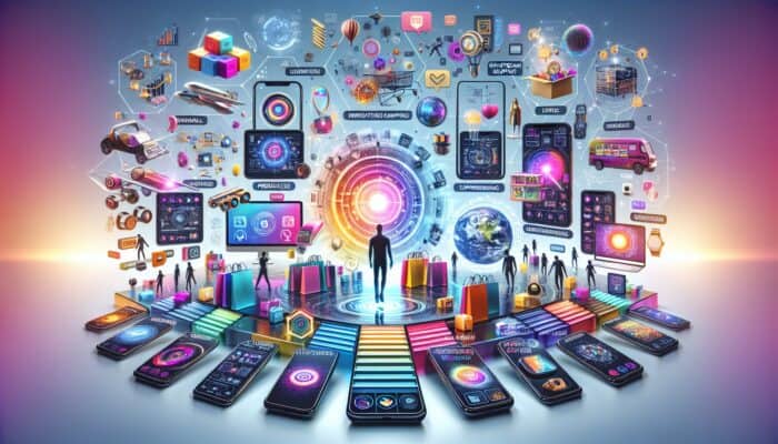 Why Shoppable Video Is A Hosting Game-Changer: A futuristic e-commerce platform with shoppable videos, live-stream events, and AR/VR on mobile devices.