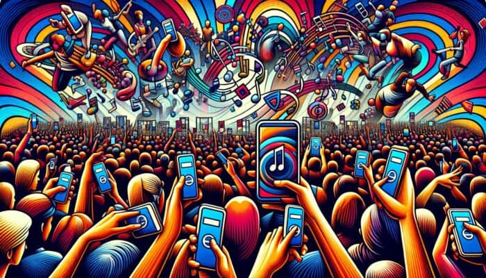 How to Promote Hosting with Ticketing Systems: Attendees using smartphones to buy tickets at an event with concert and festival posters.