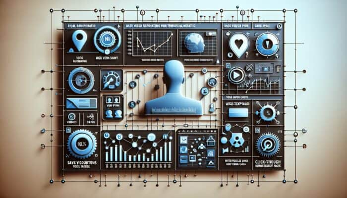 A digital dashboard showing video pin metrics including views, saves, and click-through rates, analyzed by a user.