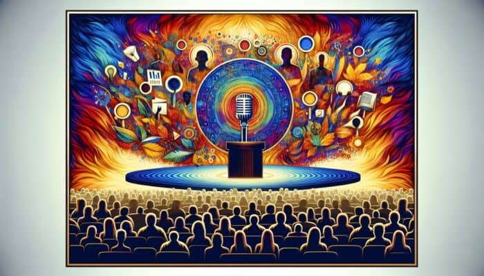 A vibrant SEO title with bold keywords on a search results page, surrounded by diverse audience icons.