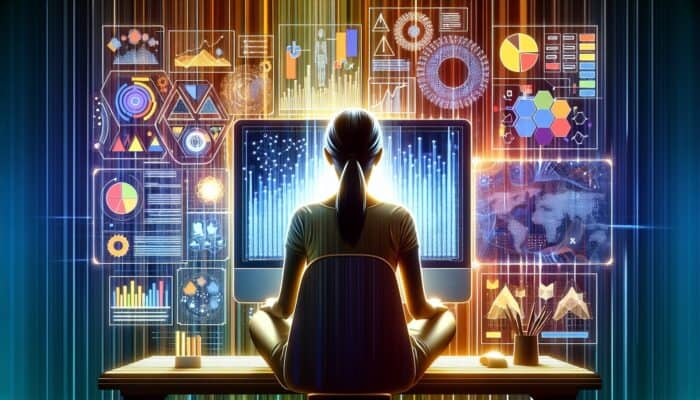 Understanding Supplement Keyword Research Basics: A person using a computer for keyword research, analyzing graphs and lists.