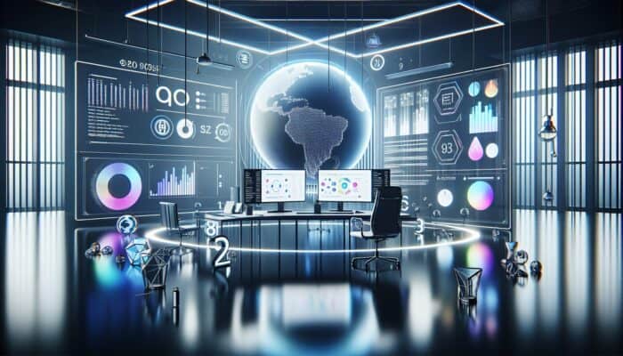 Simple Ways to Improve Your Website’s SEO Today: A modern computer setup with multiple screens showing SEO analytics, keywords, and a holographic globe in a futuristic office.