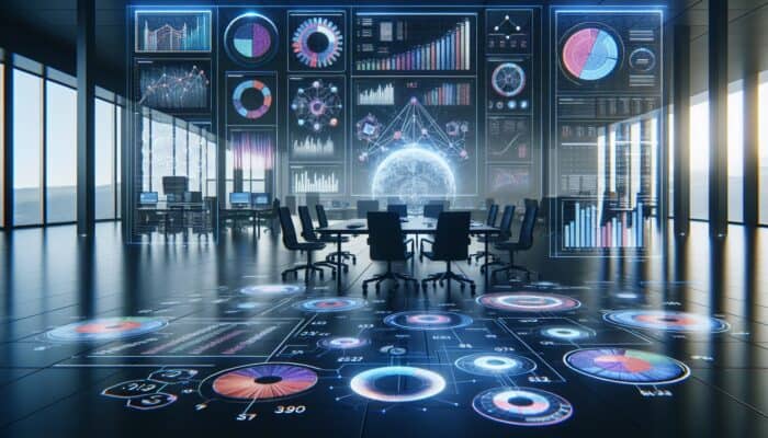 Best Tools for Tracking Hosting SEO Performance: A dynamic digital dashboard in a modern office displays vibrant graphs of SEO metrics like keyword rankings, traffic, backlinks, and on-page factors.