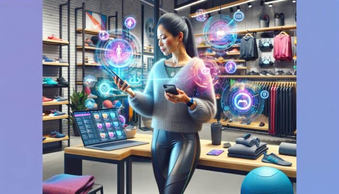 Creating Omnichannel Strategies for Seamless UX: A diverse person in a modern Nike store using a smartphone app for workouts, a laptop for promotions, and browsing shelves for seamless integration.