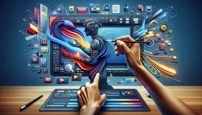 Best Tools for Creating Hosting Video Content: A creator editing video in a vibrant digital workspace with drag-and-drop icons, customizable templates, and real-time previews.
