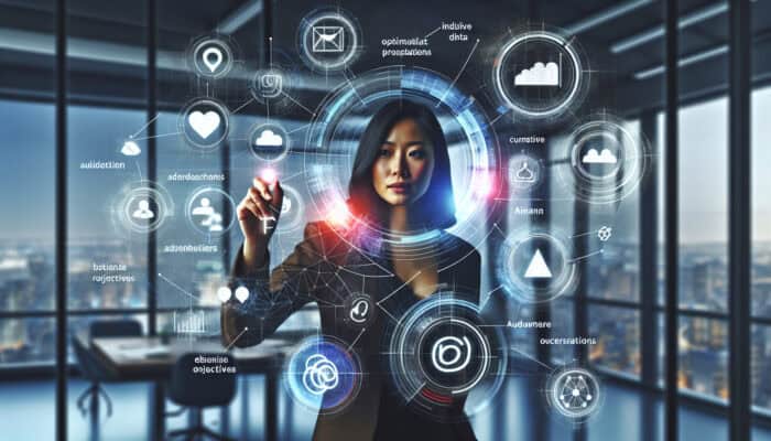 Professional strategist analyzes holographic Instagram, Twitter, and Facebook icons on a screen, surrounded by audience data charts and business goals.