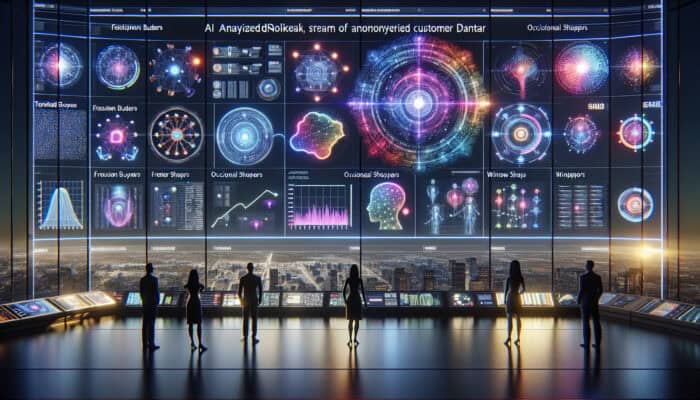 Futuristic AI command center with glowing neural networks analyzing data, projecting holographic figures of frequent buyers, occasional shoppers, and window shoppers.