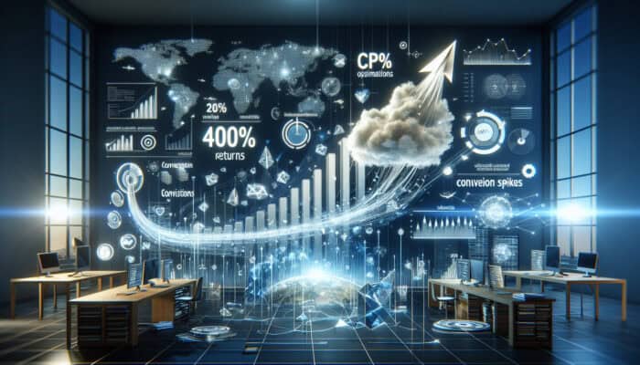 Dashboard in a modern office showing soaring ROI graphs for web hosting ads, with 400% returns, CPC optimizations, and a glowing global server network.