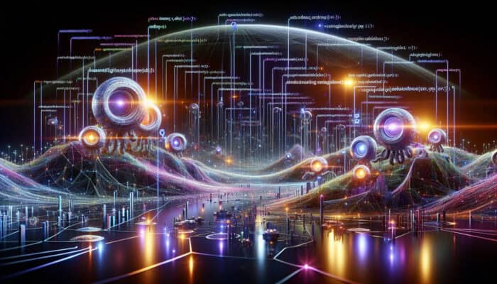 Digital landscape with schema markup code weaving through a glowing website, bots analyzing e-commerce products, and enriched search results on screens.