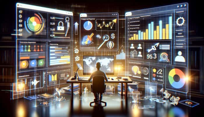 A digital dashboard displaying Google Analytics data, graphs of local SEO metrics, an analyst reviewing insights, with map and growth icons.
