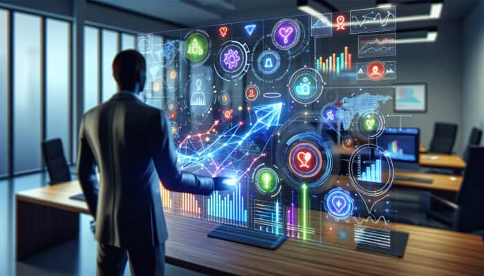 A digital analyst in a modern office examines a holographic dashboard showing rising SEO metrics graphs and upward arrows.