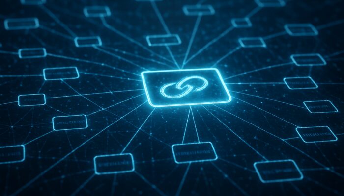 A glowing canonical link at the center of an interconnected URL web, symbolizing SEO optimization.